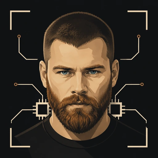 The TechDzamsa logo: a portrait held inside a bracketed technical frame, wired to two processor marks